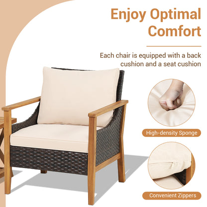 3PCS Patio Wicker Furniture Set Cushioned Armchairs with 2-Tier Side Table.
