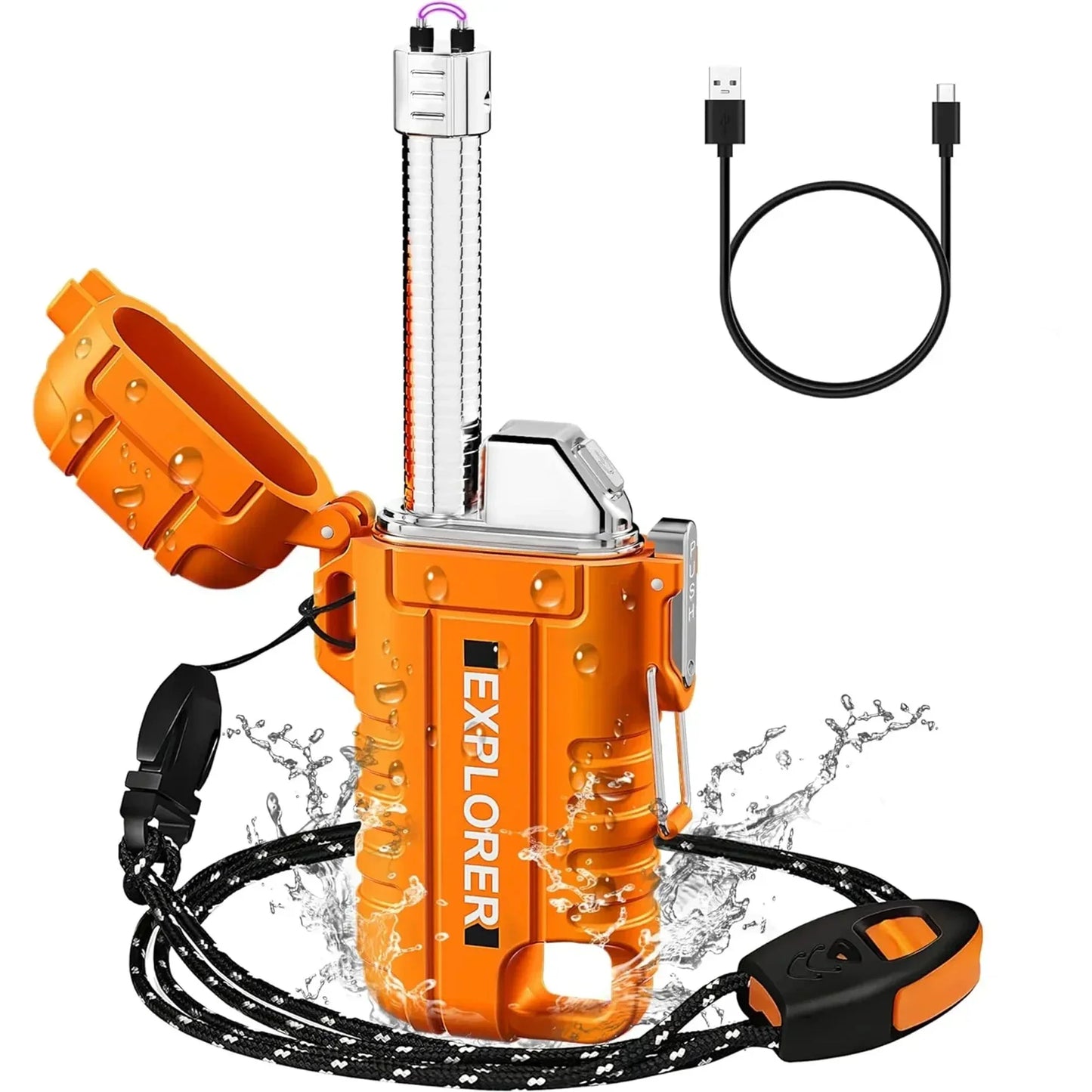 New Outdoor Camping Mountaineering Waterproof USB Double-arc Lighter Portable Lanyard with Whistle.
