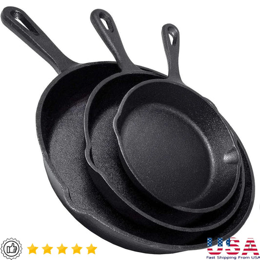 Heavy Duty Cast Iron Skillet Set 3 Piece Pre-Seasoned Cookware.