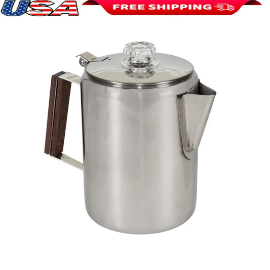 Stainless Steel Percolator Coffee Pot 9 Cup Heat Insulating Handle Easy Pour Spout