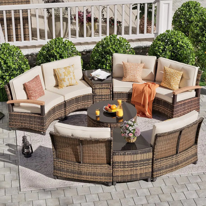 9 Piece Outdoor Patio Furniture Set, Half-Moon Curved Sectional.