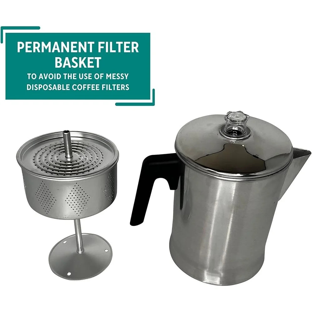 Aluminum Coffee Percolator 9 Cup Stovetop Brew Filter Basket Clear Knob.
