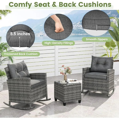 3 Piece Patio Furniture Rocking Bistro Set, Wicker.