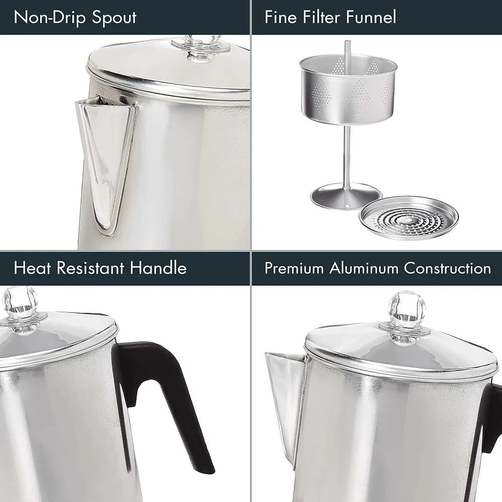 Durable Aluminum Stovetop Percolator Coffee Maker 9 Cup.