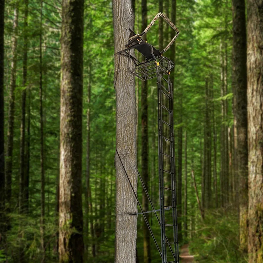 Hunting Tree Stand, Single Ladder w/Safety Rail & Flip-Back Seat, 17" Tall, 300-Lb Capacity