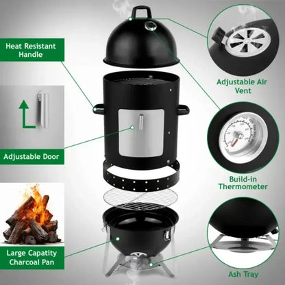 Vertical Steel Charcoal Smoker Heavy Duty Three Layer Round BBQ Grill.
