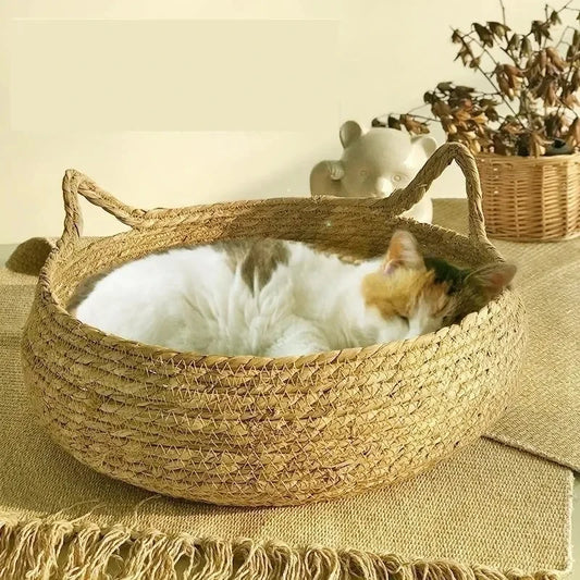 Pure hand-woven rattan cat nest four seasons universal warm pad removable washable.