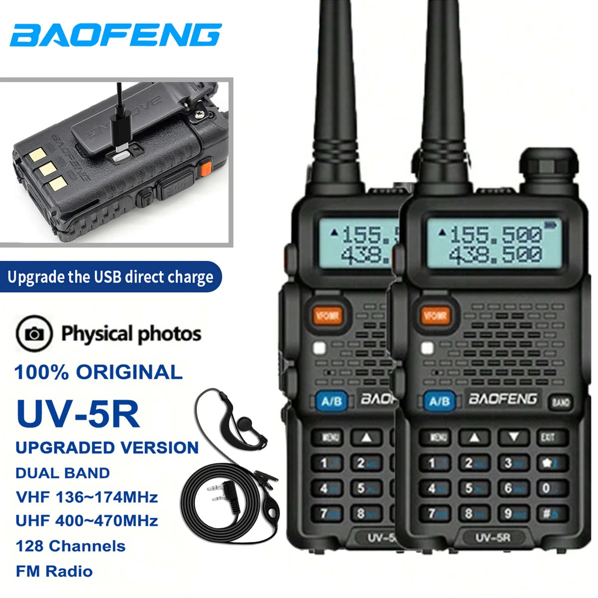 1PC/2PCS  UV-5R USB Long Range Portable Two Way Radio Baofeng CB Radio Walkie.
