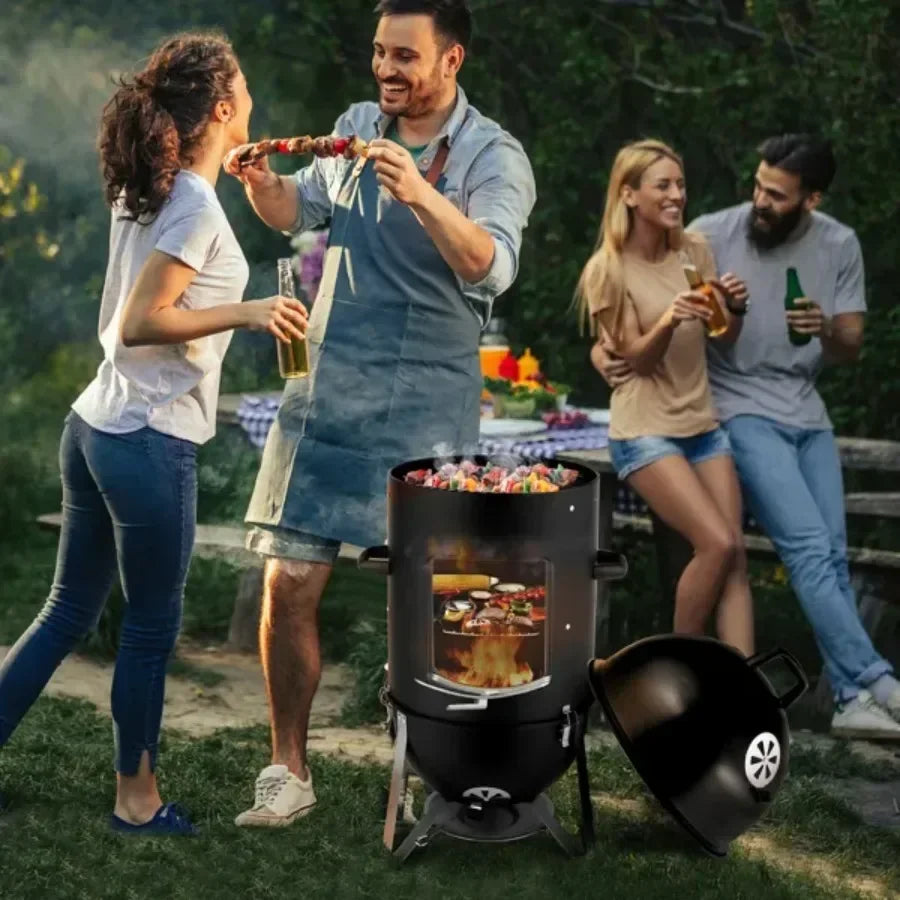 Vertical Steel Charcoal Smoker Heavy Duty Three Layer Round BBQ Grill.