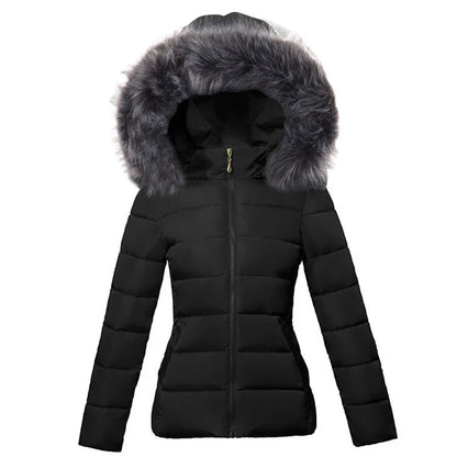 Fashion Black Women's Winter Jacket Big Fur Hooded Thick Down Parkas.