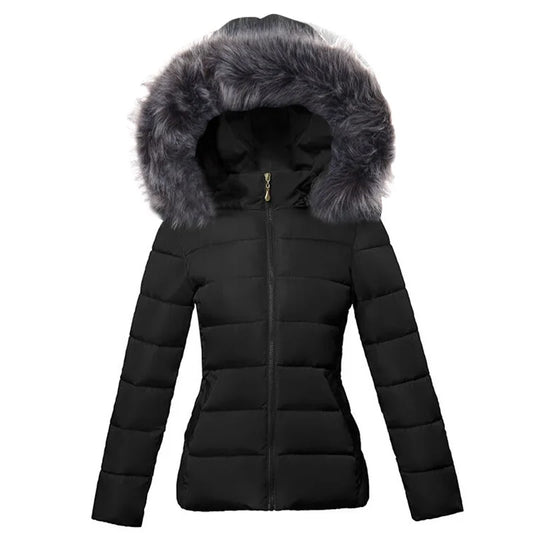Fashion Black Women's Winter Jacket Big Fur Hooded Thick Down Parkas.
