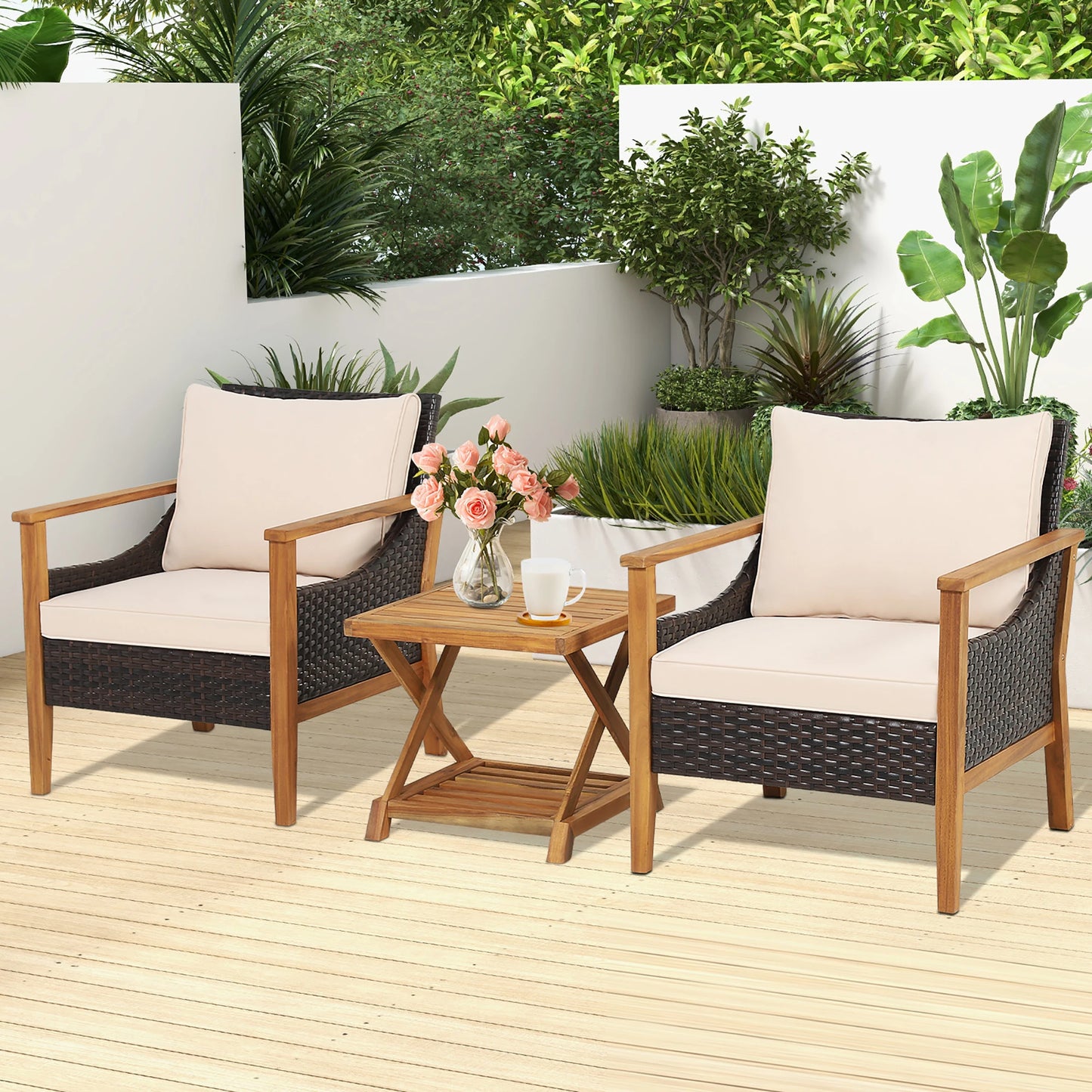 3PCS Patio Wicker Furniture Set Cushioned Armchairs with 2-Tier Side Table.