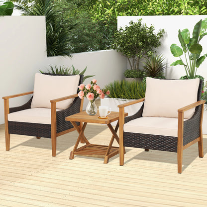 3PCS Patio Wicker Furniture Set Cushioned Armchairs with 2-Tier Side Table.