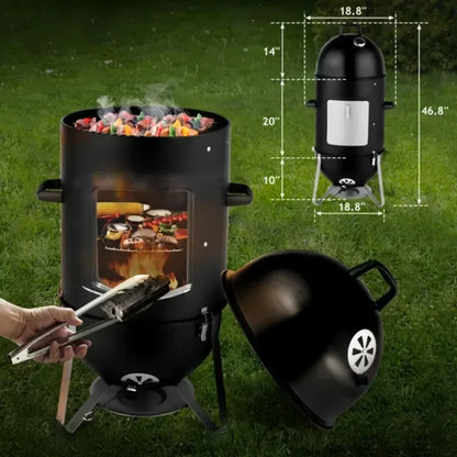 Vertical Steel Charcoal Smoker Heavy Duty Three Layer Round BBQ Grill.