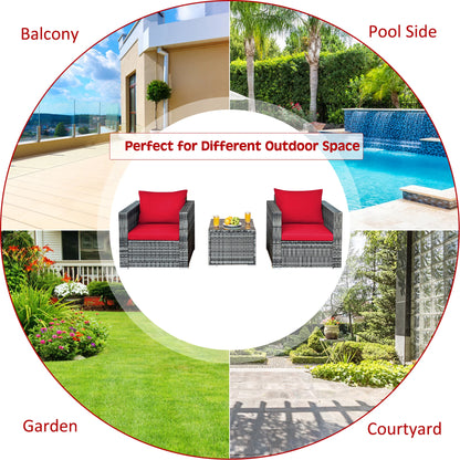 3 PC Patio Rattan Furniture Bistro Set Cushioned Sofa Chair Table Red.