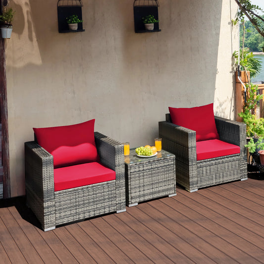 3 PC Patio Rattan Furniture Bistro Set Cushioned Sofa Chair Table Red.