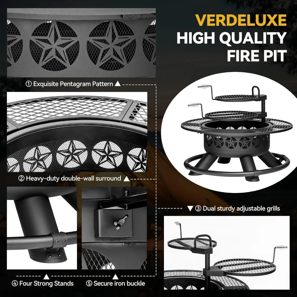 47 Inch Outdoor Fire Pit with 2 Grills, Extra Large BBQ Firepits for Outside.