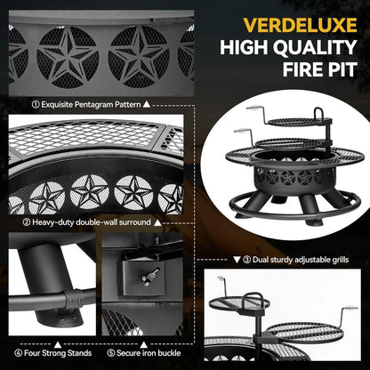 47 Inch Outdoor Fire Pit with 2 Grills, Extra Large BBQ Firepits for Outside.