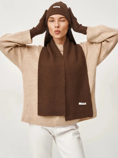Knitted Winter Scarf Woman Solid Color Hat Scarf Gloves.