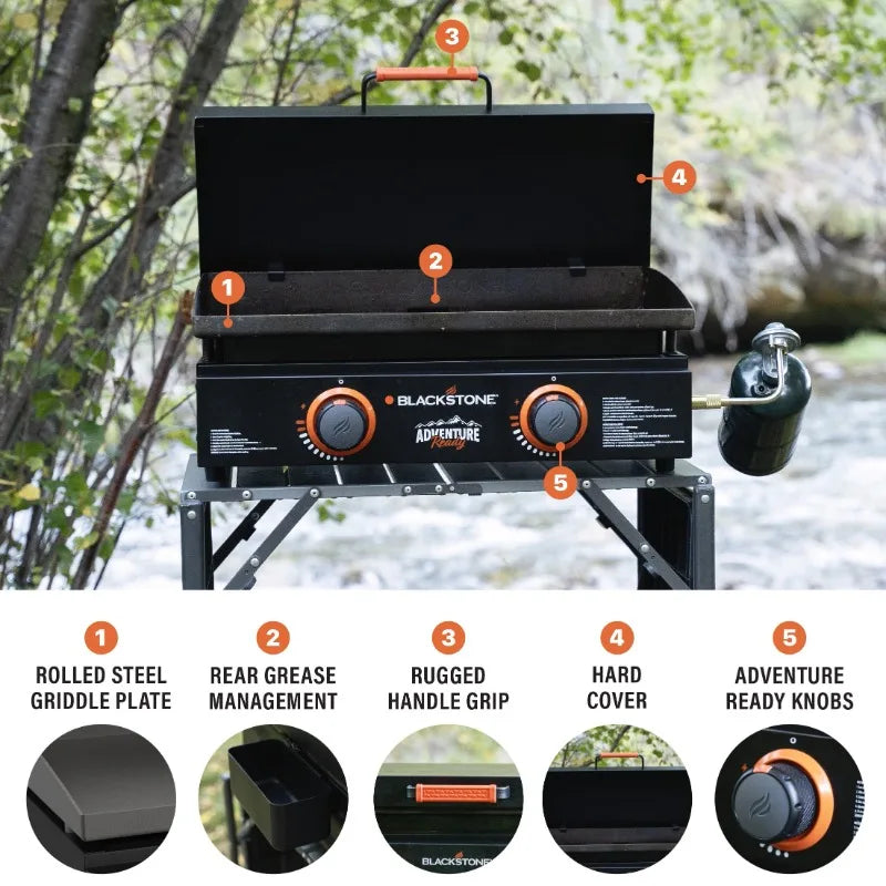 Blackstone Adventure Ready 2-Burner 22" Propane Griddle with Hard Cover in Black.