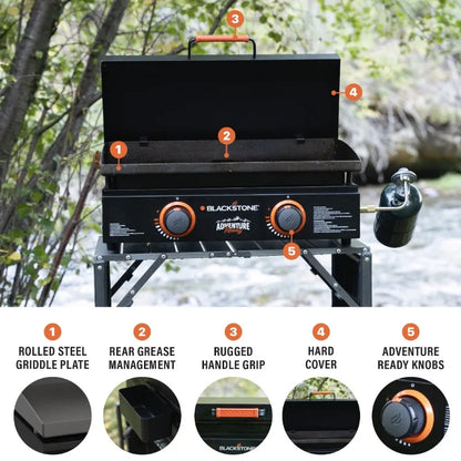 Blackstone Adventure Ready 2-Burner 22" Propane Griddle with Hard Cover in Black.