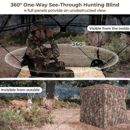 2-3 Person Hunting Blind, 360 Degree See Through Ground Blind With Full-Open Door & Sliding Windows.