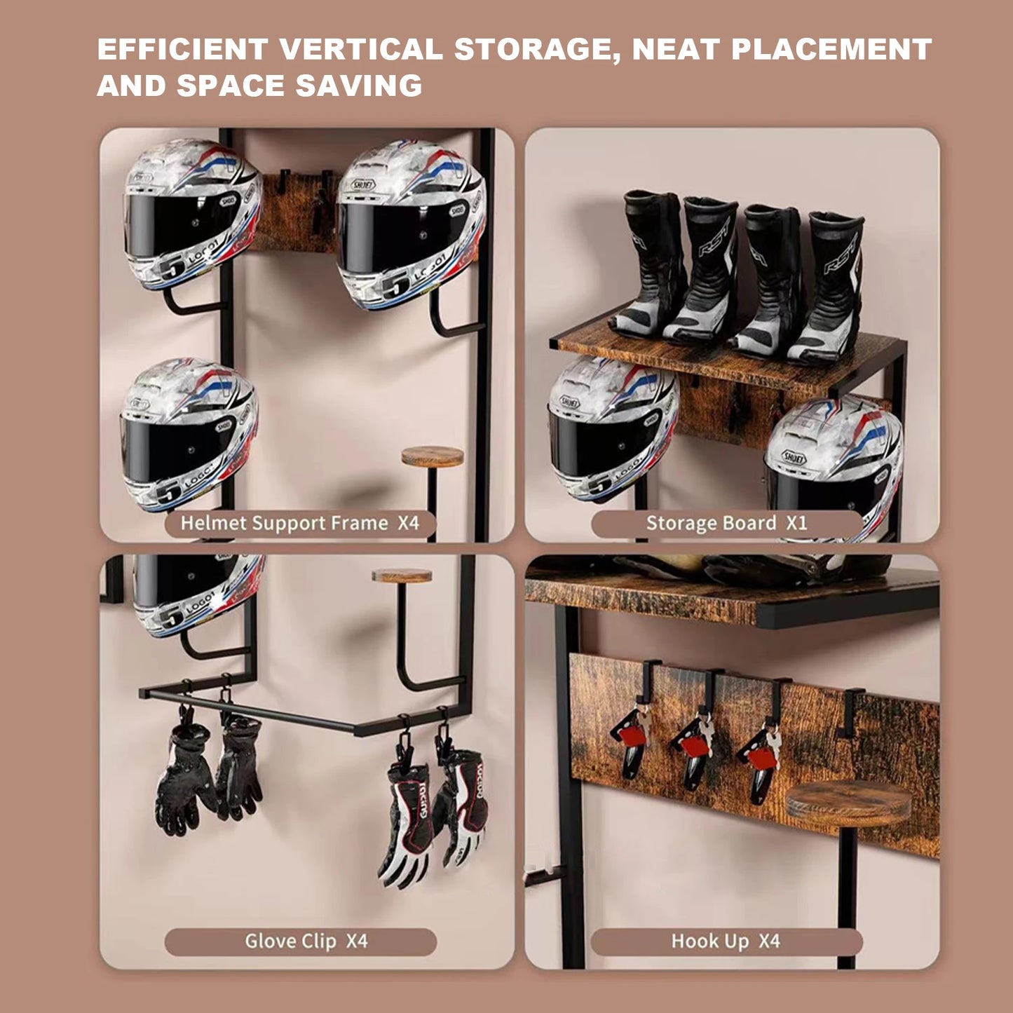Helmet Holder, Wall-Mounted Rack With 4 Glove Clips & Hooks, Storage Organizer For Helmets Gear Clothes.