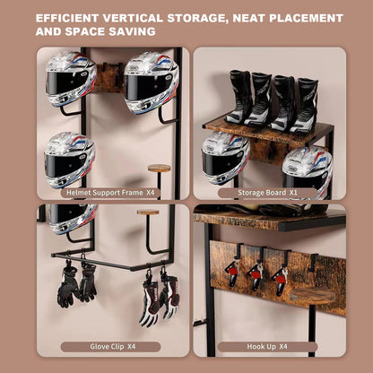 Helmet Holder, Wall-Mounted Rack With 4 Glove Clips & Hooks, Storage Organizer For Helmets Gear Clothes.