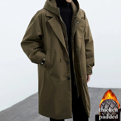 New Fake Two Pieces Long Hooded Long Trench Coat Men's.