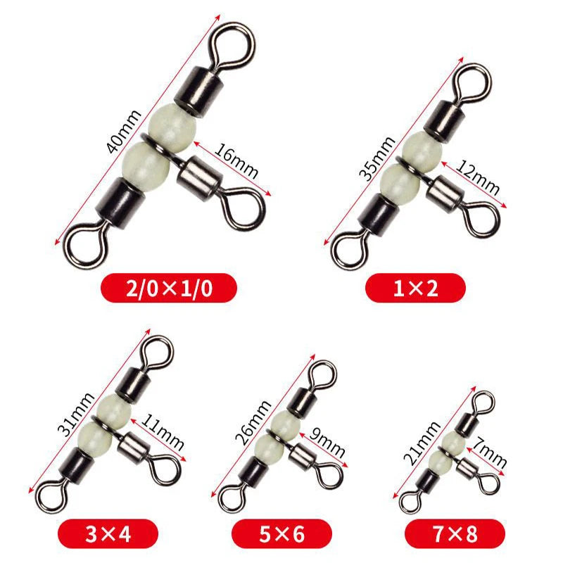 10/50pcs Stainless Steel T-Turn 3 Way Fishing Connector  Rolling Swivel Fishing Tackle Connector Luminous beads attract fish