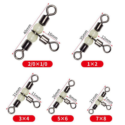 10/50pcs Stainless Steel T-Turn 3 Way Fishing Connector  Rolling Swivel Fishing Tackle Connector Luminous beads attract fish