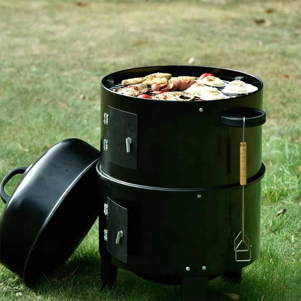 3 in 1 Vertical Charcoal BBQ Smoker Heavy Duty Round Smoking Grill.