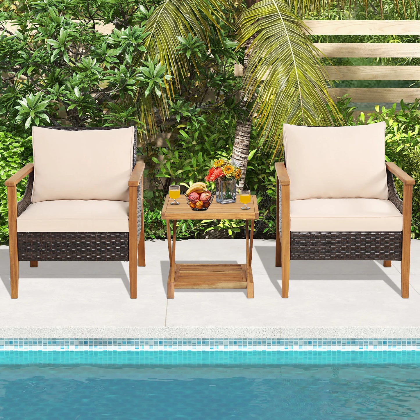 3PCS Patio Wicker Furniture Set Cushioned Armchairs with 2-Tier Side Table.