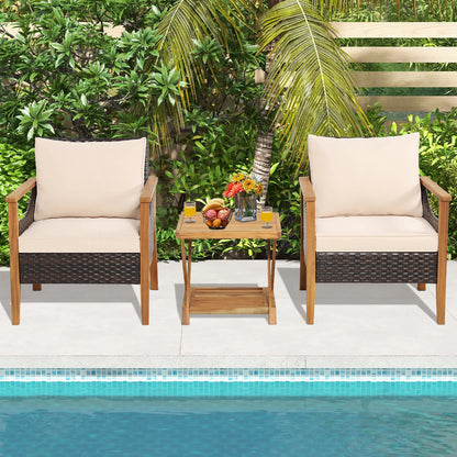 3PCS Patio Wicker Furniture Set Cushioned Armchairs with 2-Tier Side Table.