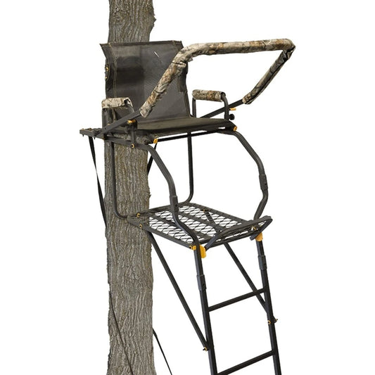 Hunting Tree Stand, Single Ladder w/Safety Rail & Flip-Back Seat, 17" Tall, 300-Lb Capacity