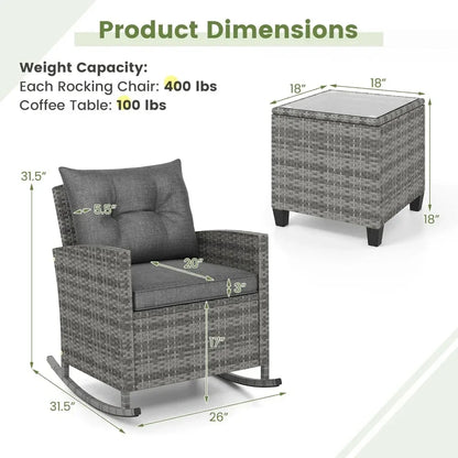 3 Piece Patio Furniture Rocking Bistro Set, Wicker.
