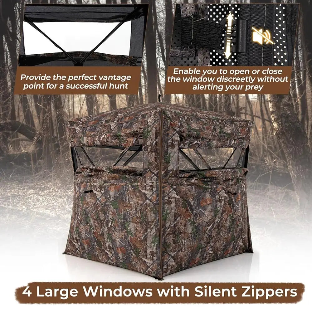2-3 Person Hunting Blind, 360 Degree See Through Ground Blind With Full-Open Door & Sliding Windows.