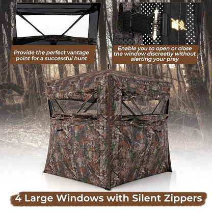 2-3 Person Hunting Blind, 360 Degree See Through Ground Blind With Full-Open Door & Sliding Windows.