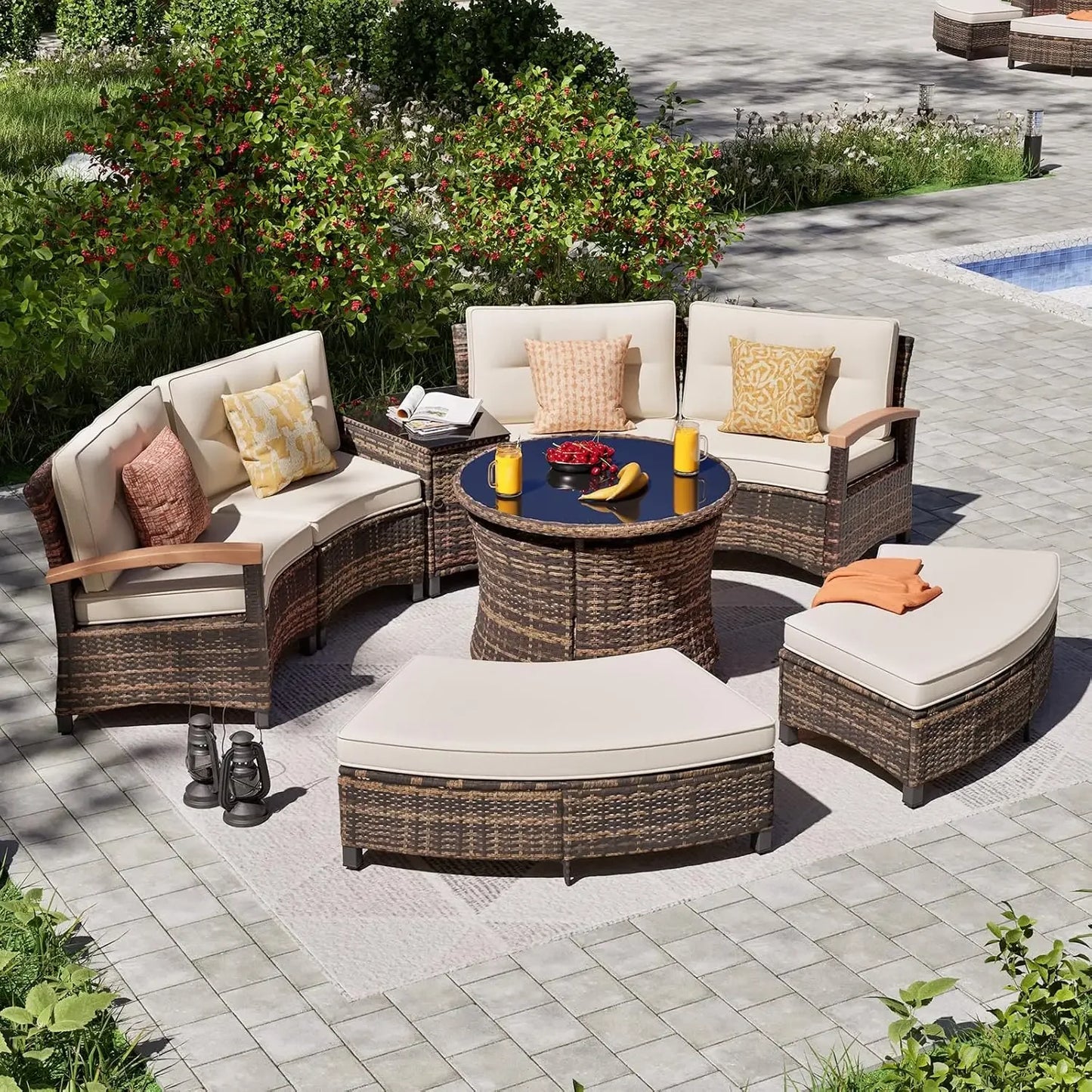 9 Piece Outdoor Patio Furniture Set, Half-Moon Curved Sectional.