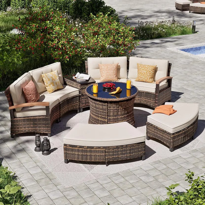 9 Piece Outdoor Patio Furniture Set, Half-Moon Curved Sectional.