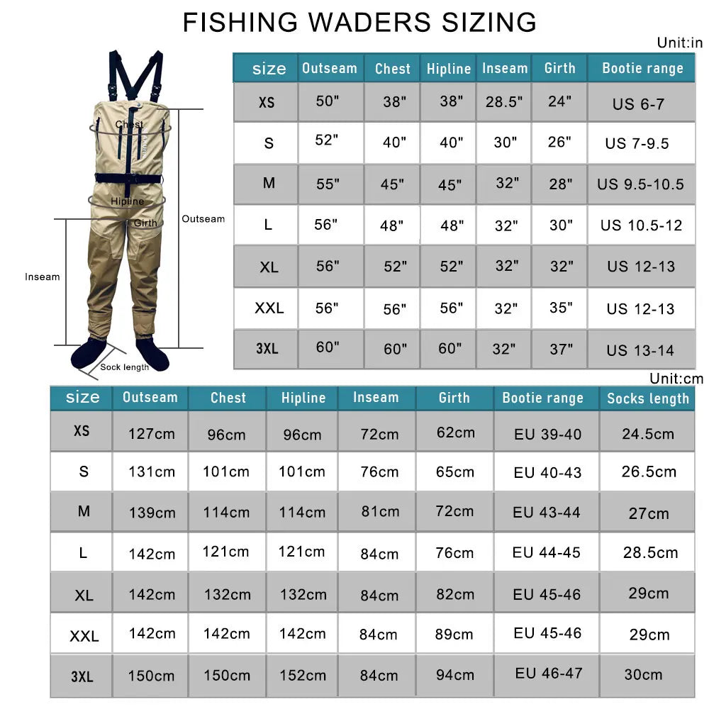 Men's Stocking foot Chest Waders with Front Zipper.