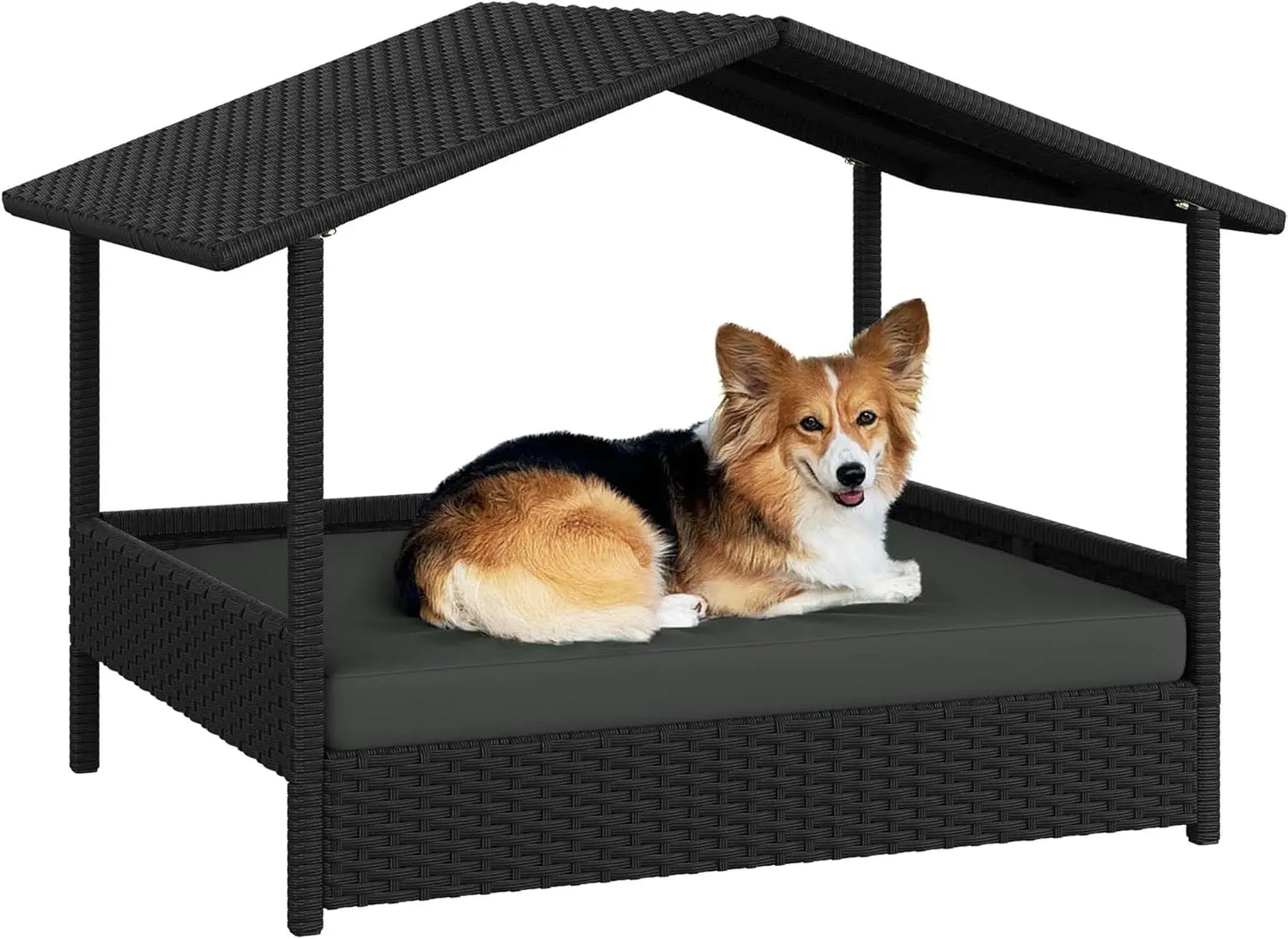 Wicker Dog House Outdoor Indoor with Canopy.