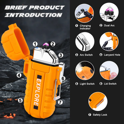 Waterproof Electric Lighter Windproof Dual Arc USB Rechargeable Flameless Plasma Lighters.