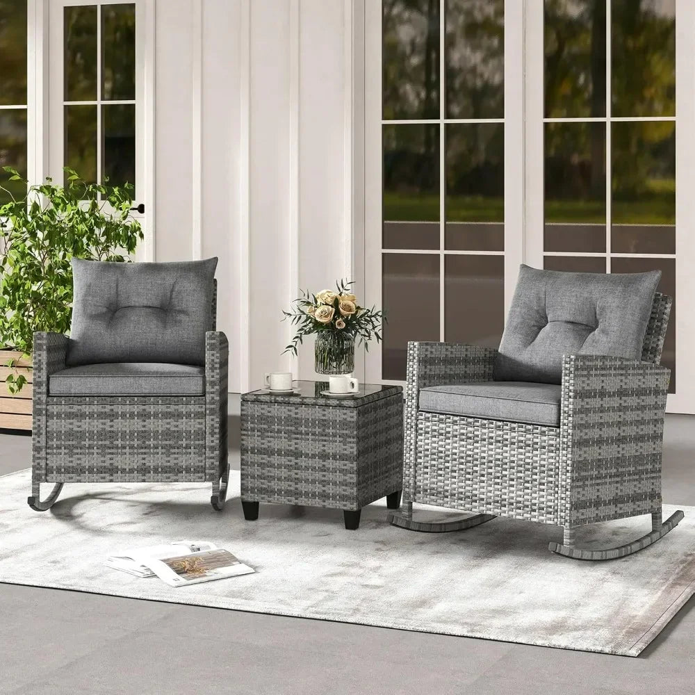 3 Piece Patio Furniture Rocking Bistro Set, Wicker.