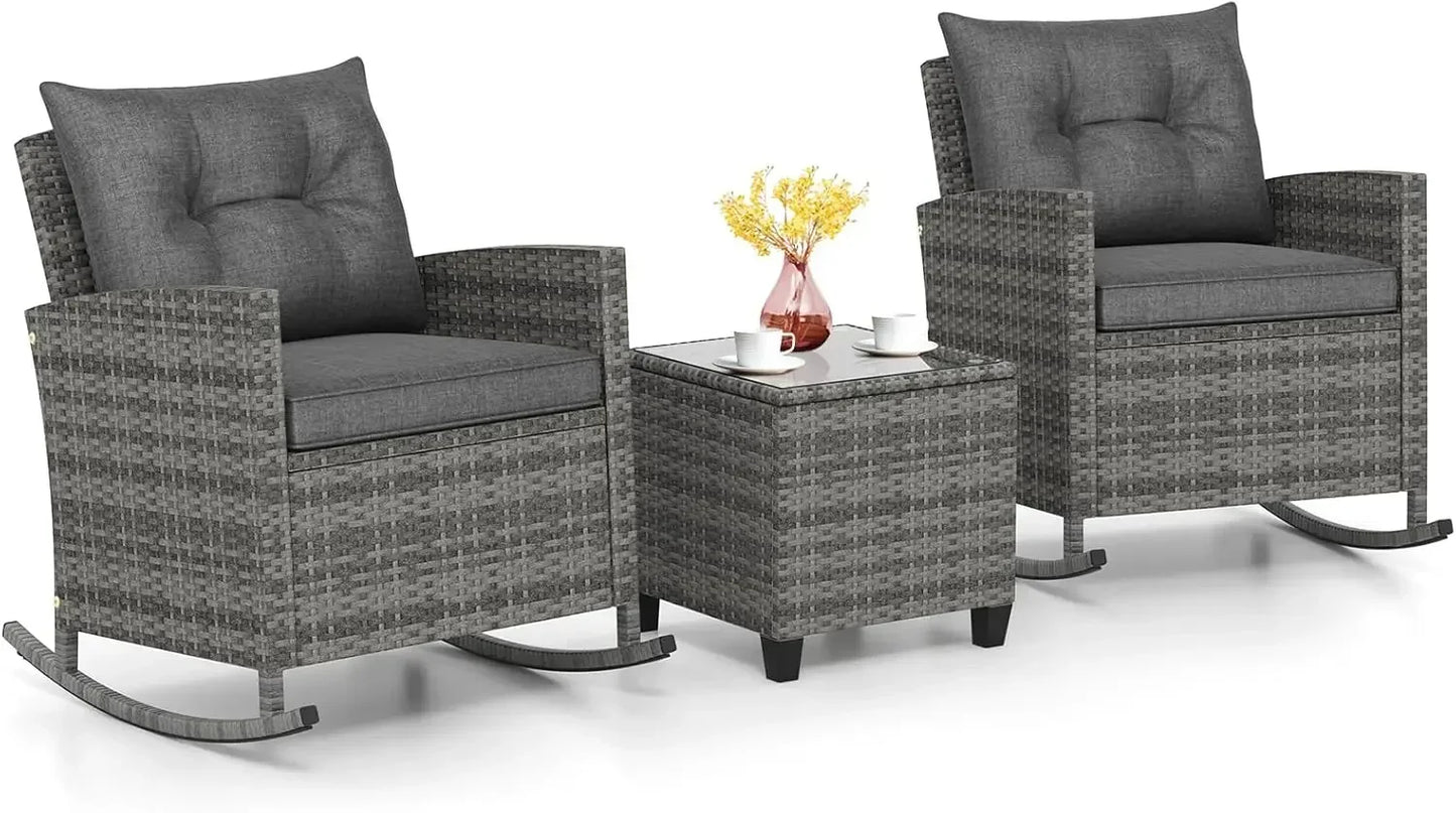 3 Piece Patio Furniture Rocking Bistro Set, Wicker.
