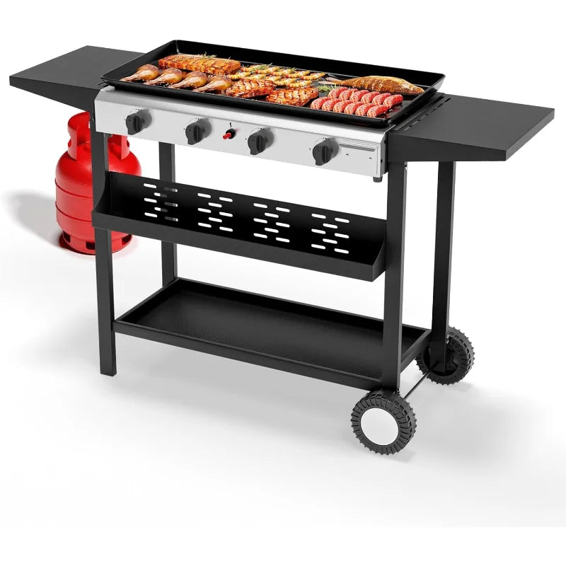 4 Burner Portable Propane Griddle with Nonstick Enameled Tray, 40000 BTU Rolling .