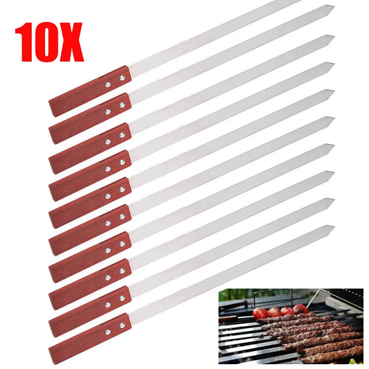 10pcs Commercial Barbecue Skewers Stainless Steel Large Wooden Handle
