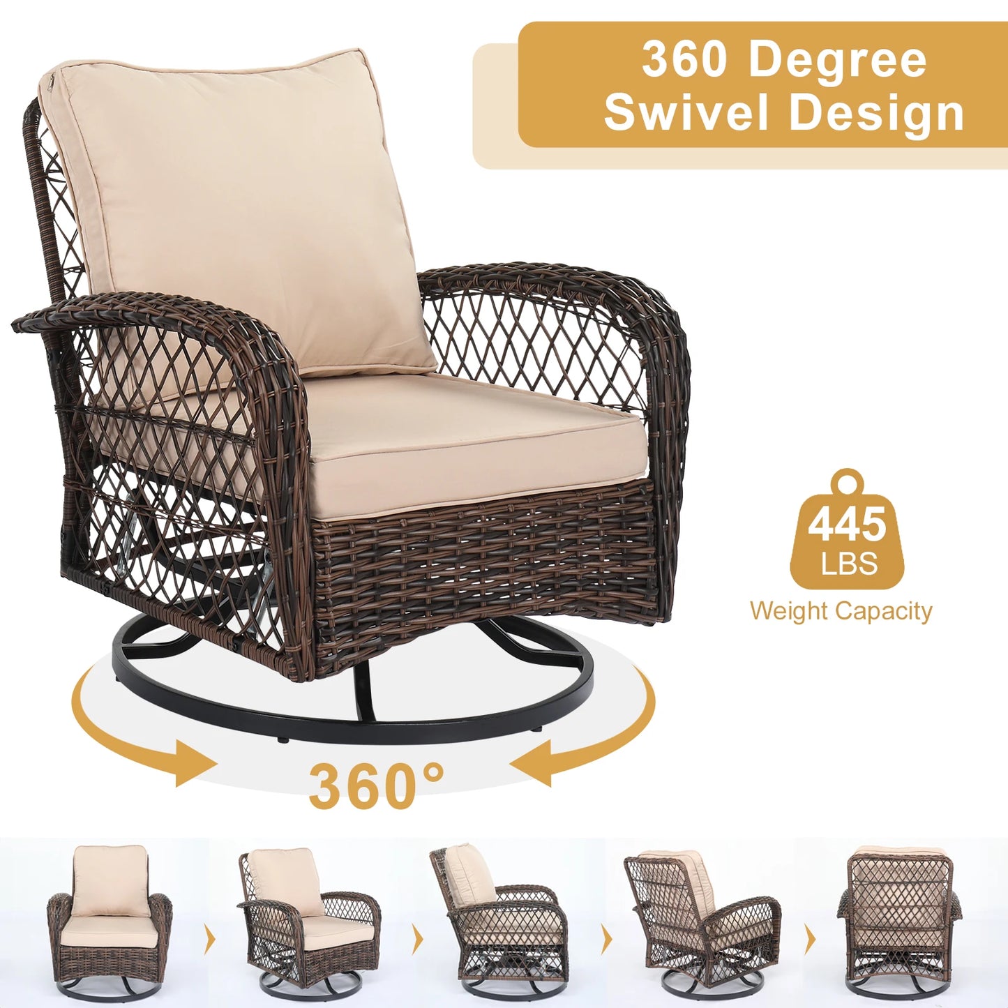3 Pieces Patio Furniture Set, Outdoor Swivel Gliders Rocker, Wicker Patio Bistro Brown Gradient Ratt