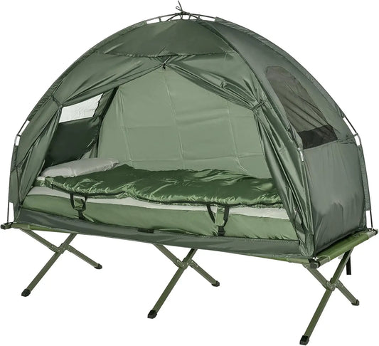 Folding Camping Cots, Elevated Tent with Sleeping Bag, Thick Air Mattress Pad.