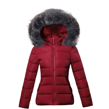 Fashion Black Women's Winter Jacket Big Fur Hooded Thick Down Parkas.